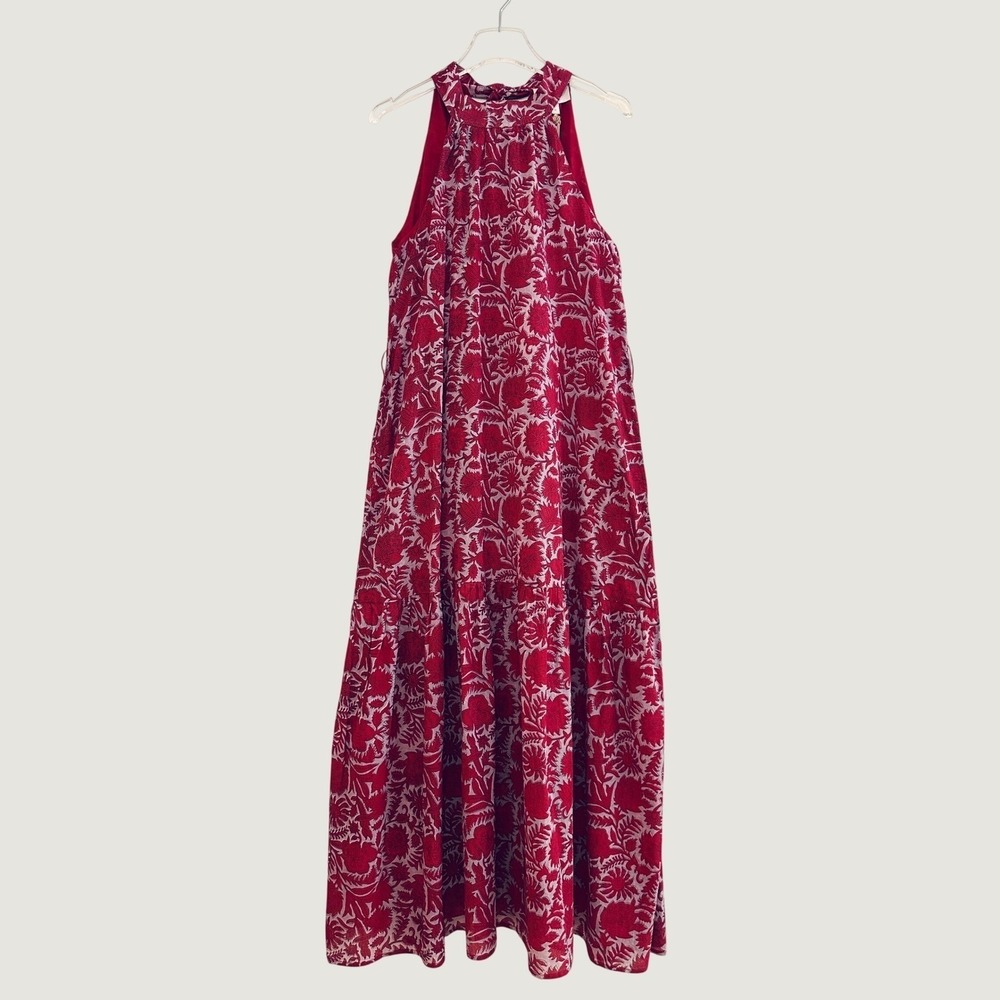 NWT Cleobella Red Blue Print Halter Neck Tie Back & Belt Maxi Dress Size Medium